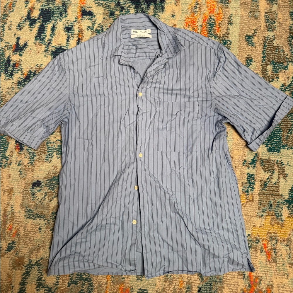 Zara Men's Blue Striped Short Sleeve Button Down | Men's Large